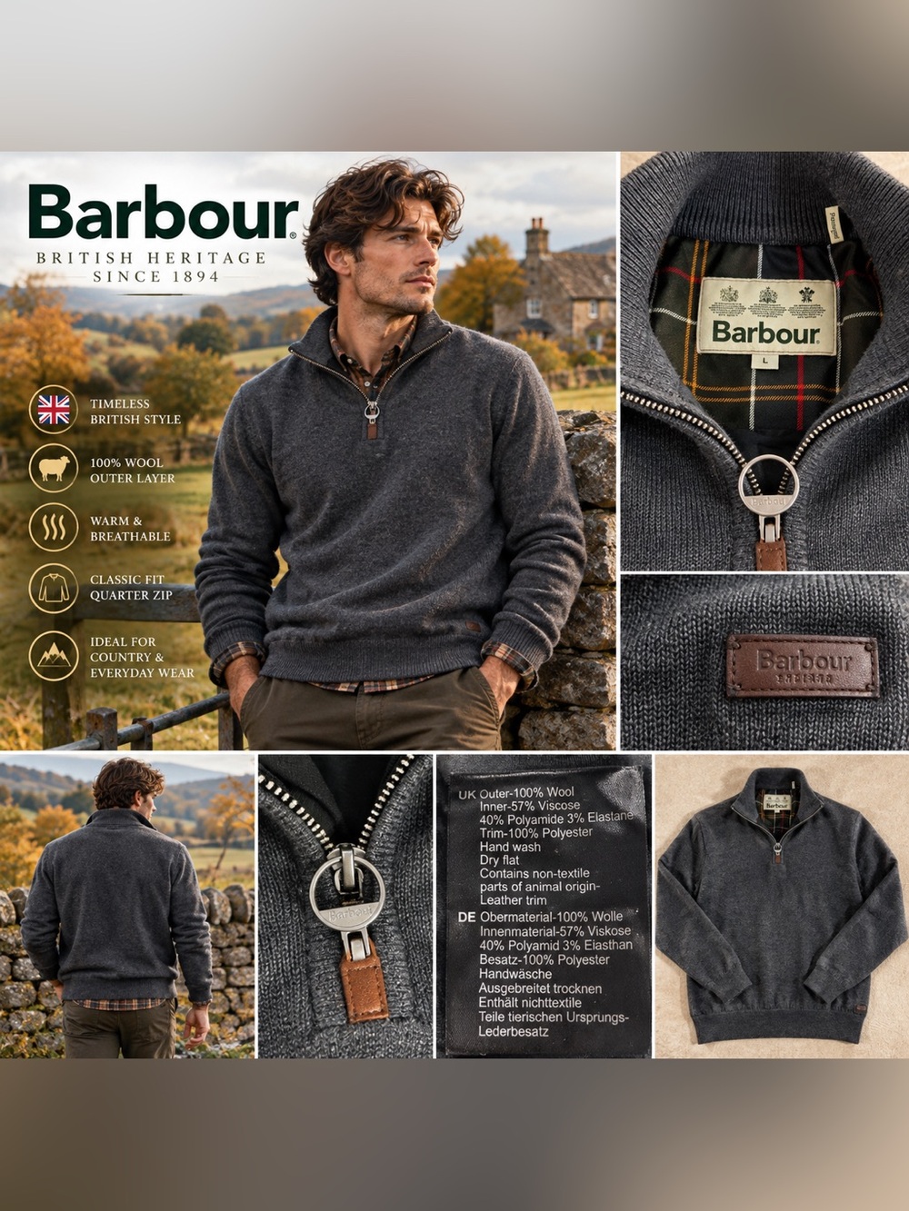 Barbour Holden Quarter-Zip Jumper Wool Sweater Gray Large